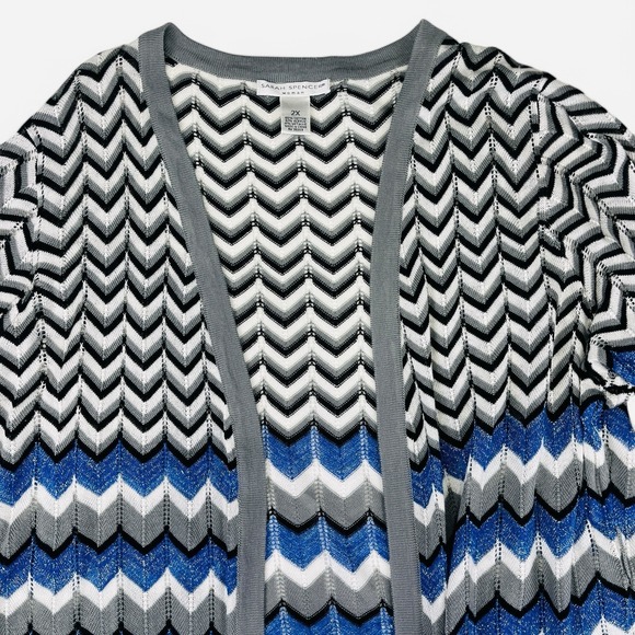 Sarah Spencer Cardigan Womens Plus Sz 2X Blue Gray Chevron 3/4 sleeve Open Front - Picture 2 of 9